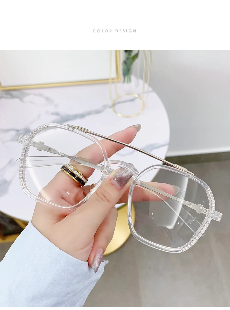 Blue Light Blocking Eye Protection Myopia Eyeglasses Fashion Double Beam Metal Glasses Women Trend Retro Plain Face Eyewear Men