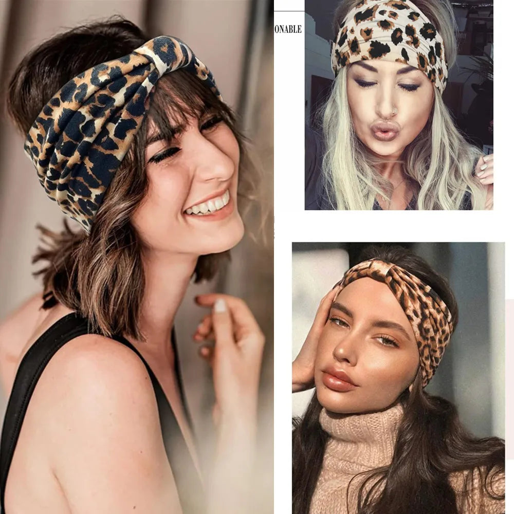 Leopard Print Headbands for Women Wide Boho Turban Head Wraps Cotton Knotted Elastic Hairbands Non Slip Workout Hair Accessories