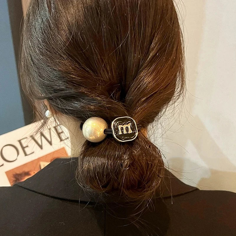 Fashion Pearl High Elastics Hair Ties for Women Girl Letter M Exquisite Hair Rope Non-slip Ponytail Hair Rubber Band Accessories