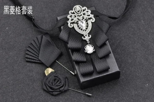 Luxury Black Rhinestone Handmade Bow Tie Men's Wedding Groomsman High-end British Boy Business Suit Shirt Bowtie Set