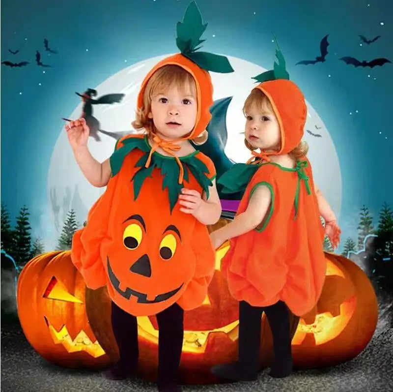 Kids Halloween Party Costume Romper with Hat Shoes Toddler Pumpkin One-Piece Boy Girl Baby Jumpsuit Cosplay Clothing Set 1-10T
