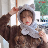1Pc Cute Bear Ear Hat Scarf Gloves 3-in-1 Winter Warm Hedging Cap Women Windproof Plush Hat Scarf