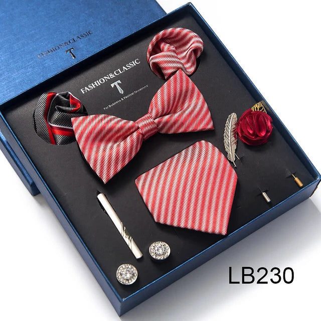 Brand Newest Design Silk Tie Set Handkerchief Pocket Squares Cufflink Bow Tie Clip Necktie Set Bussiness Wedding Suit Gift Box