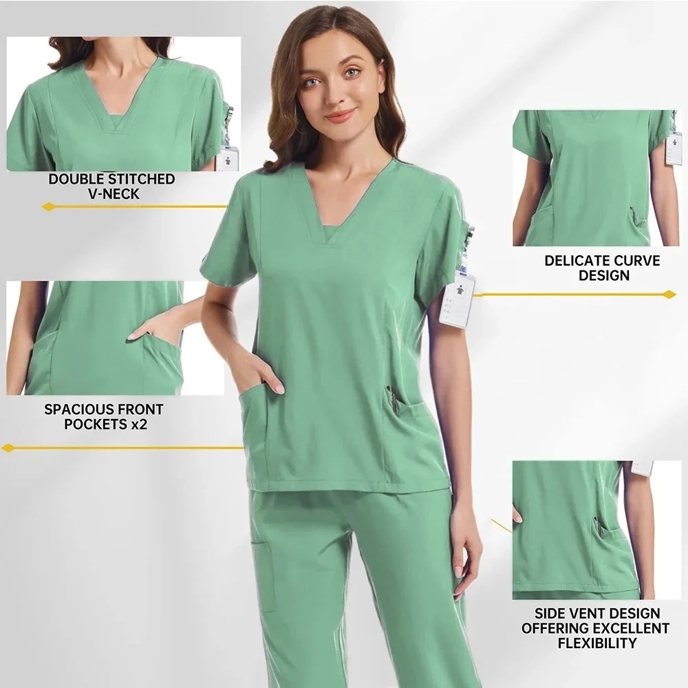 New Scrubs Set Medical Uniforms Stretch Scrub Tops with Pocket Pants Nurse Uniform Doctor Surgery Overalls Beauty Salon Workwear