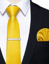 Fashion Bright Yellow Slim Tie for Man Wedding Daily Wearing Party Silk Luxury Mens Solid Necktie Pocket Square Clip Dropshiping