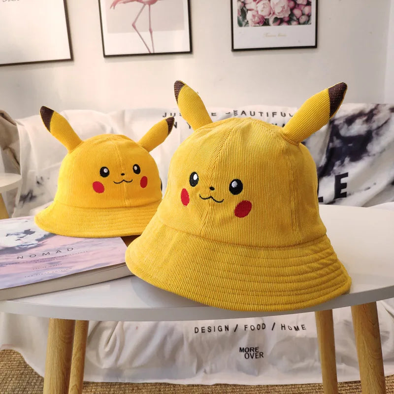 Anime Pika Bucket Hat Sun Hat with Ear Cute Cartoon Wide Brim Fisherman Beach Outdoor Baseball Hat Cap for Adult Kids Child