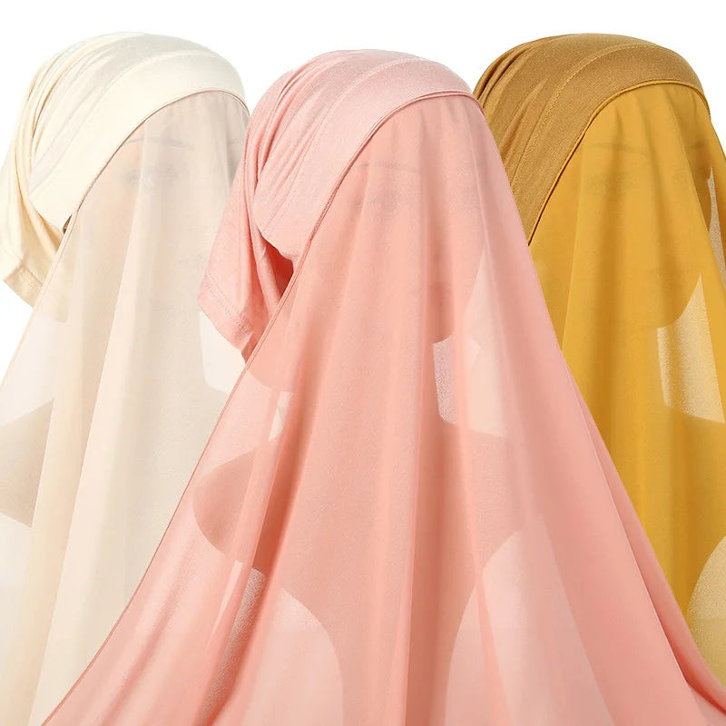 Solid Colour Pearl Chiffon Shawl Hat Set Elastic Stitching Muslim Women Hijab Headwraps Islam Clothing Inner Cap Fashion Turban