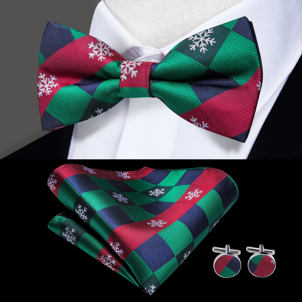 Hi-Tie Christmas Green Bow Ties for Men Silk Butterfly Tie Bow Tie Hanky Cufflinks Set Wedding Party Paisley Plaid Solid Bowtie