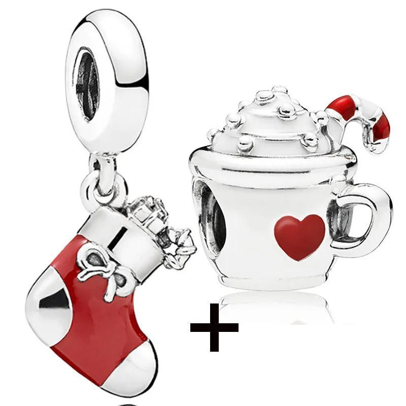 Buipoey 2pcs/lot Christmas Red Cane Gingerbread Man Charm Snowman Santa Beaded Sock Pendant DIY Beacelets jewelry Accessory Gift