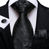 Black Men's Solid Ties 8cm Wide Polyester Business Formal Wedding Party Necktie Pocket Square Cufflinks Gift for Husband