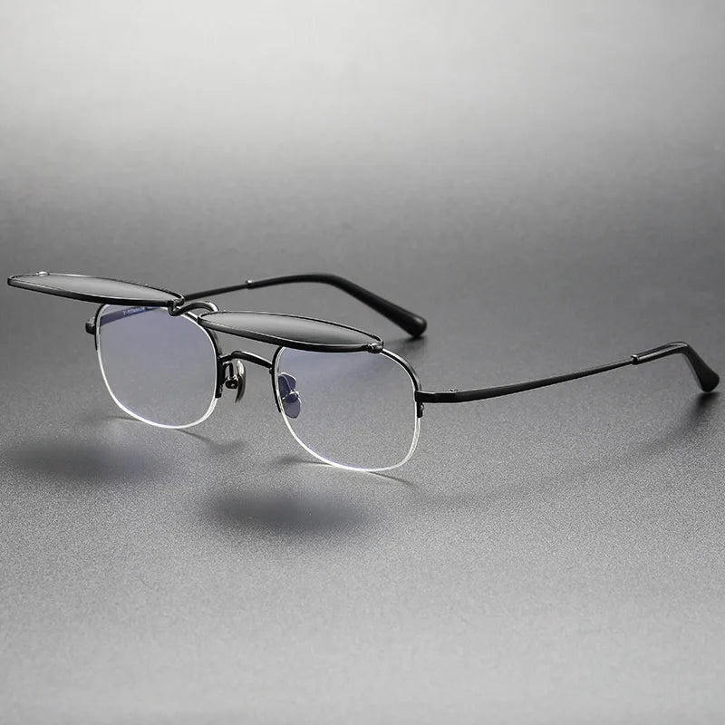 Vintage Titanium Square Glasses Frame with Flip Up Sunglasses Women Brand Designer Eyeglasses Men Trendy Semi Rimless Eyewear