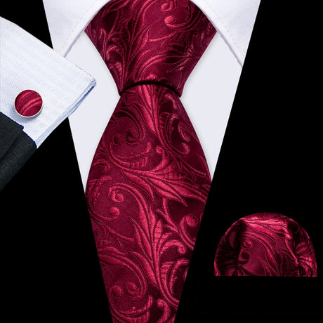 Barry.Wang Red Maroon Burgundy Rose Silk Men's Tie Pocket Square Cufflinks Set Jacquard Necktie for Male Wedding Business Party