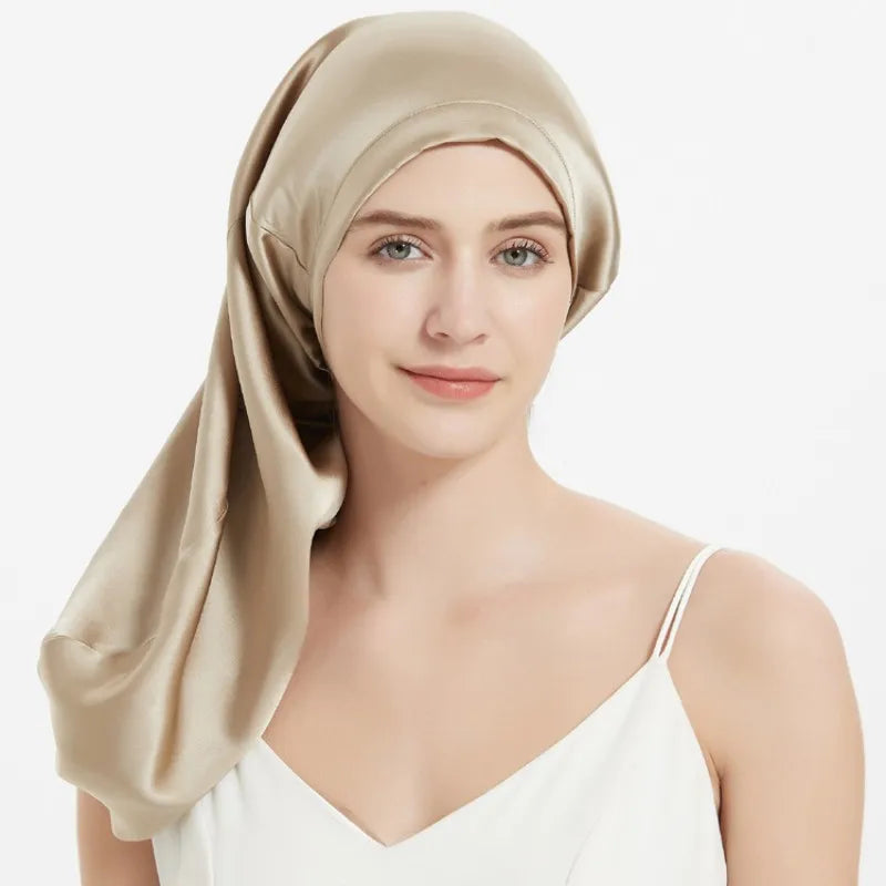 100% Mulberry Silk Sleep Cap for Long & Curly Hair Nightcap with Adjustable Hair Wrap for Woman