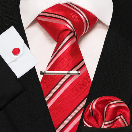 KAMBERFT New Classic Silk Men's Tie Red Gold Striped Men's Tie Handkerchief Cufflinks Set Wedding Business Party Gravatas