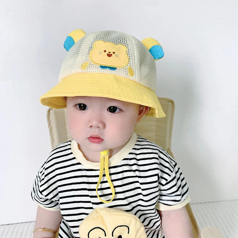 Summer Breathable Mesh Baby Hat Cute Bear Infant Boy Girl Bucket Hats Korean Cartoon Toddler Kids Casual Fisherman Cap