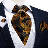 Luxury Silver Paisley Men Ascot Tie Wedding Formal Cravat Ascot Scrunch Self British Neck Tie Set Pocket Square Cufflink DiBanGu