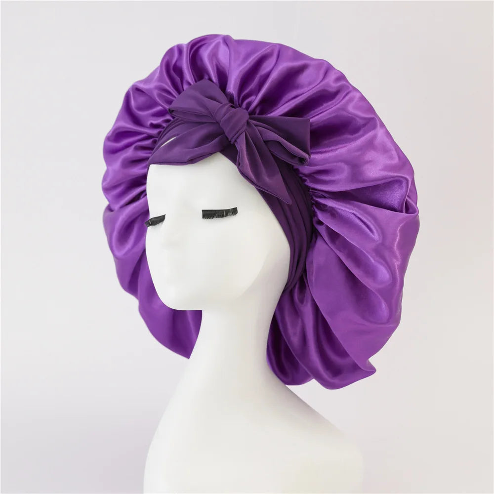 New Satin Sleeping Cap For Women Solid Wide Band Stretch Head Tie Silky Bonnet Edge Wrap Nightcap Hair Care Shower Head Cover