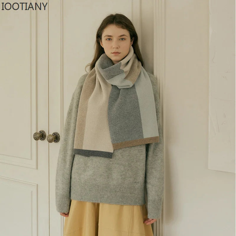 New Autumn And Winter Soft Warm Woolen Scarf Colour Blocking Simple Atmosphere Sense Of Knitted Scarve Female Fashion Shawl