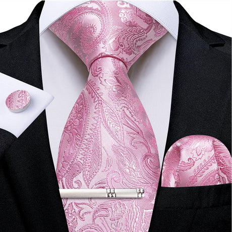 Pink Striped Floral Solid Paisley 8cm Silk Men's Tie Set Handkerchief Cufflinks Wedding Business Prom Accessories Tie Cravat