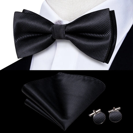 Hi-Tie Black White Silver Grey Brown Silk Mens Bow Tie Hankerchief Cufflinks Set Pre-tied Butterfly Knot Adjustable Bowtie Male