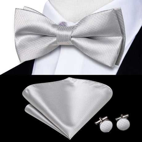 Hi-Tie Black White Silver Grey Brown Silk Mens Bow Tie Hankerchief Cufflinks Set Pre-tied Butterfly Knot Adjustable Bowtie Male