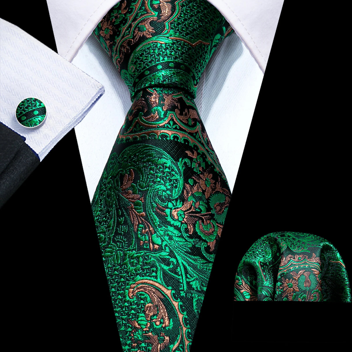 Luxury Silk Mens Ties Set Black Green Leaves Floral Neck Tie Handkerchief Cufflinks Set Wedding Business Party Barry·Wang 5938