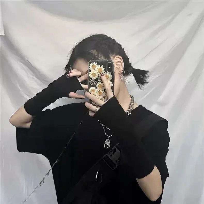 Y2K Gothic Lolita Gloves Arm Cover Harajuku Arm Warmers Black Grey Striped Fingerless Punk Long Wristband Metallic Unisex Gloves