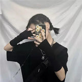 Y2K Gothic Lolita Gloves Arm Cover Harajuku Arm Warmers Black Grey Striped Fingerless Punk Long Wristband Metallic Unisex Gloves