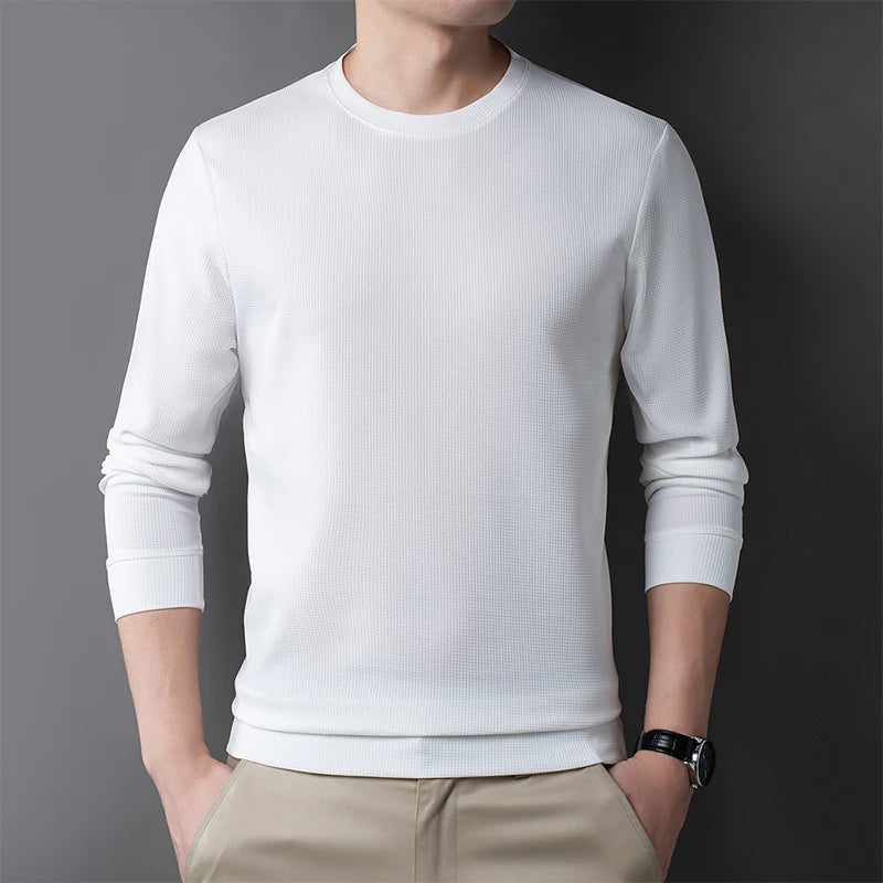 2024 Men's Casual Fashion Long Sleeved Round Neck T-shirt Waffle Comfortable Top