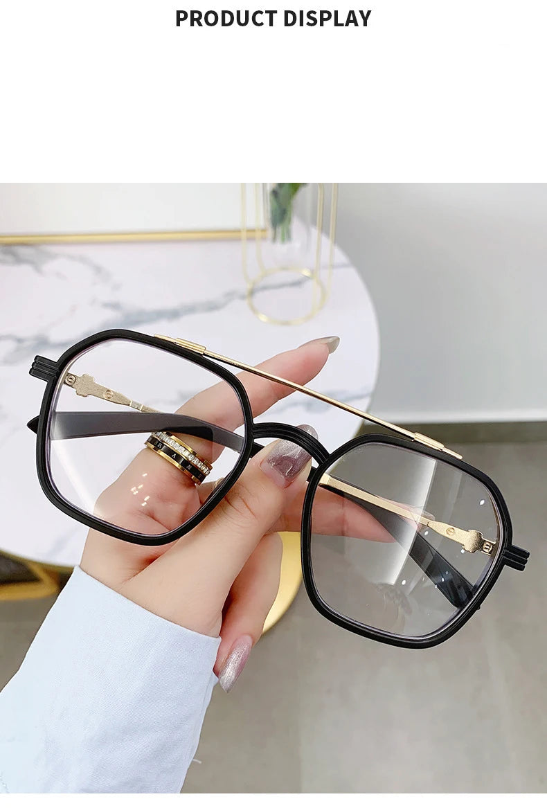 Blue Light Blocking Eye Protection Myopia Eyeglasses Fashion Double Beam Metal Glasses Women Trend Retro Plain Face Eyewear Men