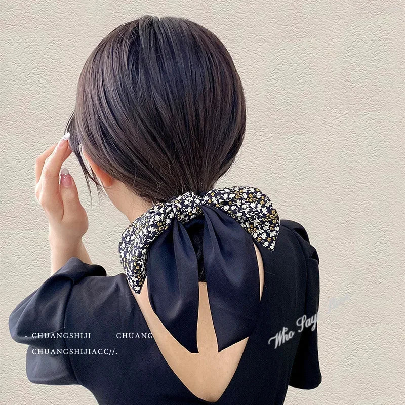 2024 New Korean Floral Bowknot Hair Ties for Women Girls Sweet Elastics Long Ribbon Ponytail Scarf Hair Tie Hair Accessories