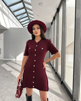 Trendix Elegant Knit Mini Dress Women Street Slim High Waist Short Sleeve Rib Sweater Dresses Vacation Bodycon Knitwear Dress