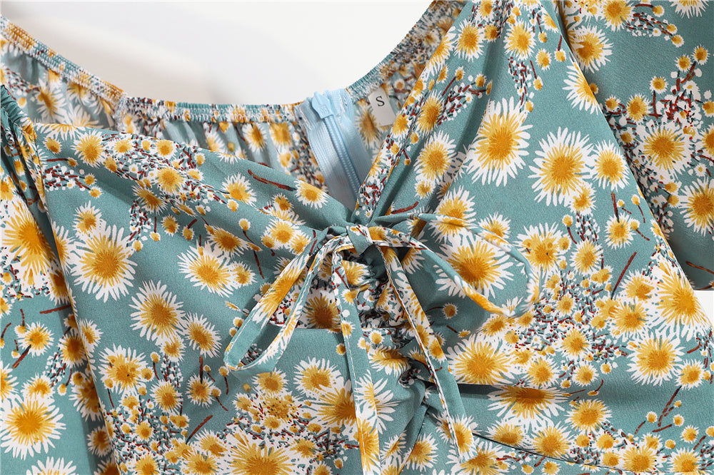 Mini robes d'été pour femmes, mode féminine, imprimé floral, en mousseline de soie, froncée, manches courtes bouffantes, robe décontractée