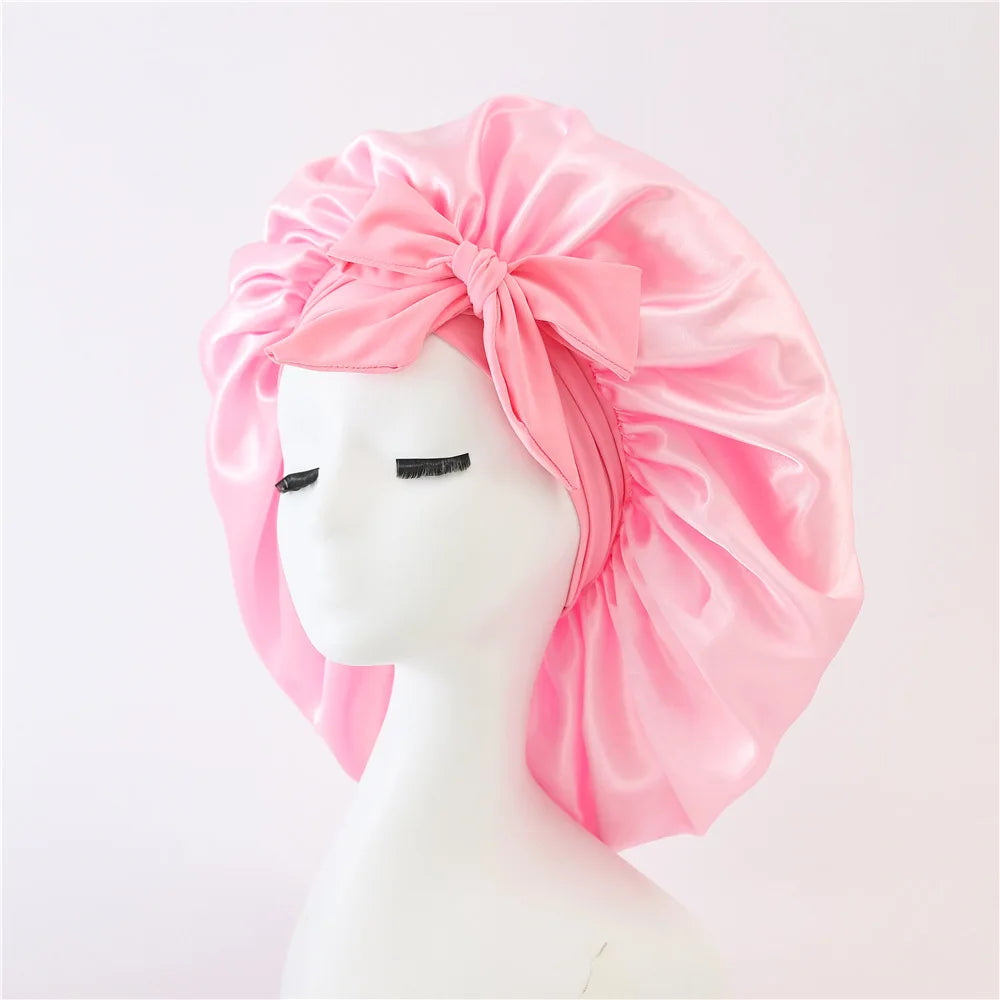 New Satin Sleeping Cap For Women Solid Wide Band Stretch Head Tie Silky Bonnet Edge Wrap Nightcap Hair Care Shower Head Cover