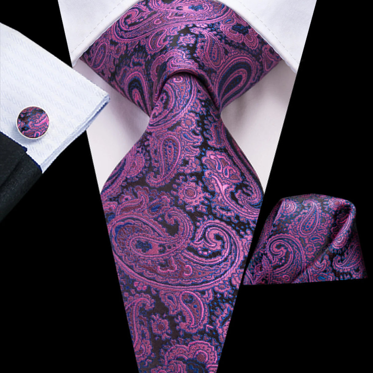 Hi-Tie Men Fashion Necktie Burgundy Paisley Handkerchief Cufflinks for Tuxedo Accessory Classic Silk Luxury Gift Tie for Men