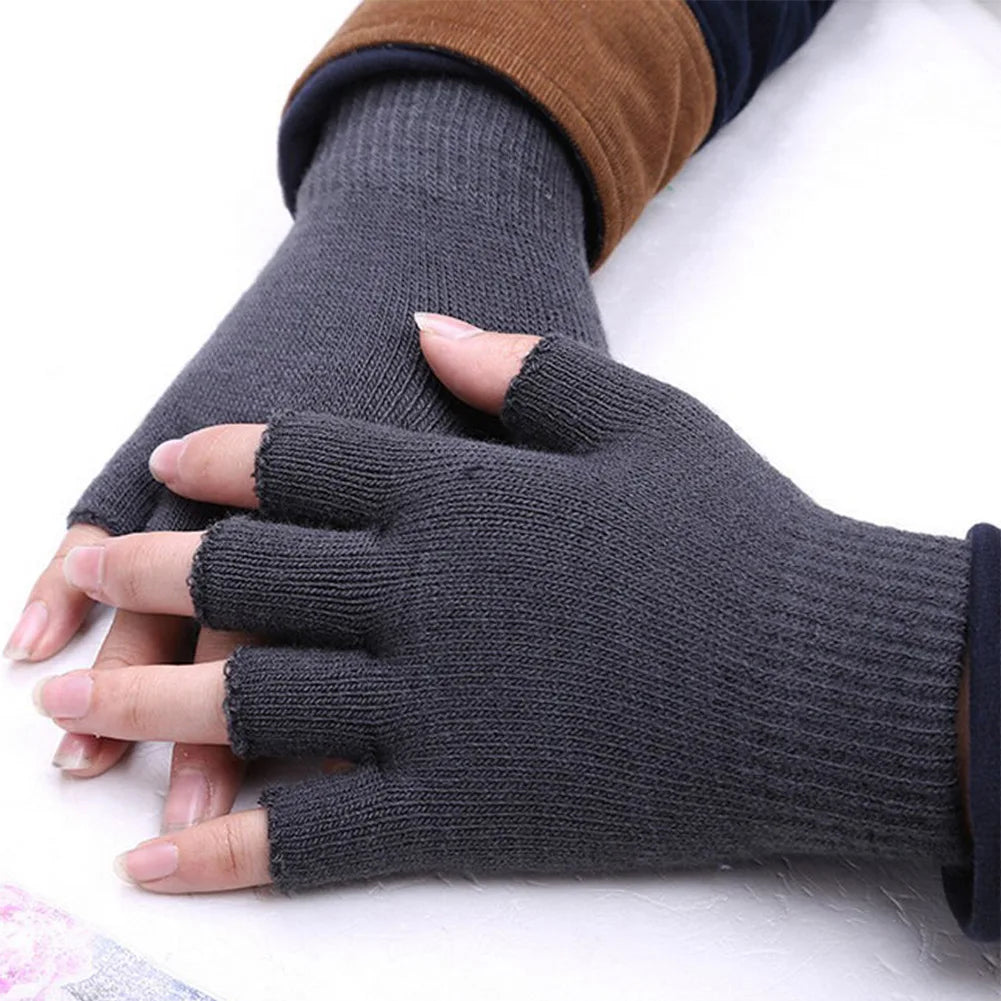 Unisex Black Half Finger Fingerless Gloves for Women and Men Wool Knit Wrist Cotton Gloves Solid Color Winter Warm Work Gloves