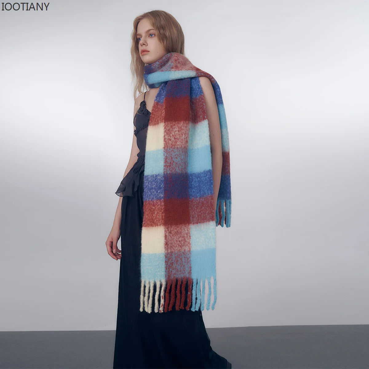 2023 Autumn And Winter Warm Scarf Wool Blend Gradient Colour Plaid Scarve Sweet Tassel Cotton Candy Series Women's Shawl