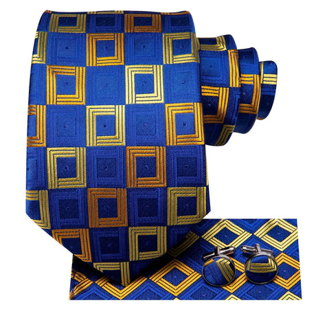 Hi-Tie Royal Blue Golden Fashion Mens Plaids Elegant Tie Set Jacquard Woven Necktie Hanky Cufflinks For Wedding Business Party