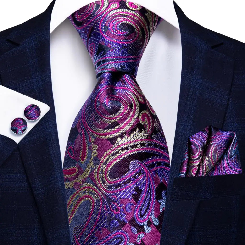 Hi-Tie Purple Lilac Floral Striped Silk Elegant Tie For Men Groom Wedding Men Necktie Pocket Square Cufflink Accessory Wholesale