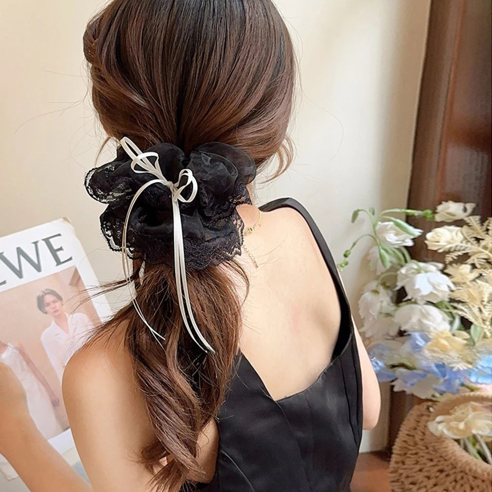 Lace Scrunchies Bowknot Ribbon Elastic Hair Bands Hair Rope Ties Hair Accessories Ponytail Holder Hair Ring INS Hair Accessories