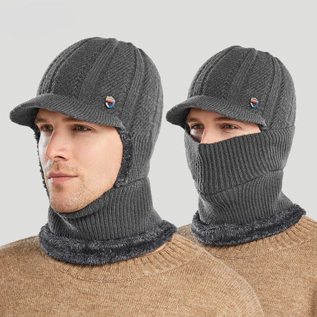 Fashion Flat Brim Men's Solid Colour Hat Winter Warm Woolen Ski Warm Hat Ear Plugs Windproof Scarf and Mask in one Knitted Cap