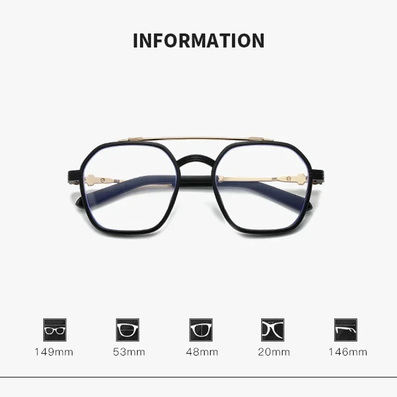 Blue Light Blocking Eye Protection Myopia Eyeglasses Fashion Double Beam Metal Glasses Women Trend Retro Plain Face Eyewear Men