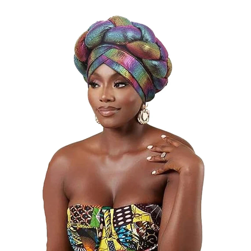 New African Colorful Laser Large Braid Turbans For Women Trendy Gradient Color Elastic Head Wraps Ramadan Chemo Hats Headscarf