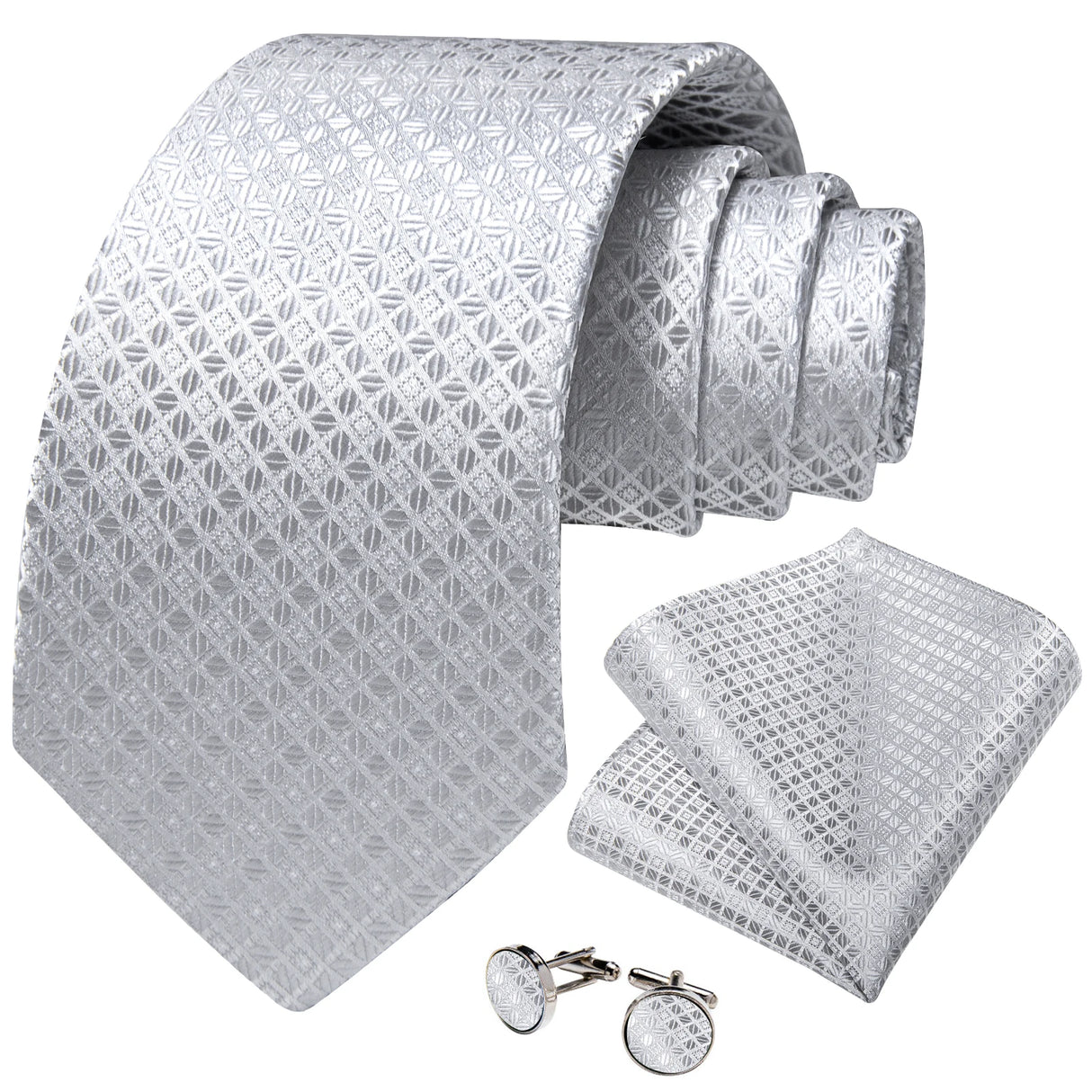 3Pcs Sliver Plaid Solid Grey Silk Men Tie Pocket Suqare Cufflinks 8cm Luxury Wedding Prom Accessories Gravats Gift for Husband