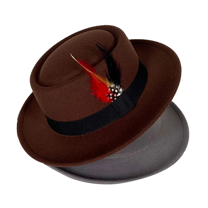 convex top classic fedora hat small flat top pearl feather men's felt hat polk pie coffee top hat gorras para hombres