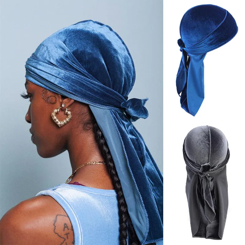 New Unisex Solid Color Soft Velvet Longtail Pirate Hat Breathable Bandana Durag Long Ribbon Cape Baotou Headband Du-Rag