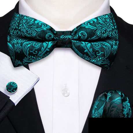 Barry.Wang Silk Mens Bow Tie White Green Pink Purple Jacquard Paisley Floral Pre-Tied Bowtie Hanky Cuffs Set Wedding Business