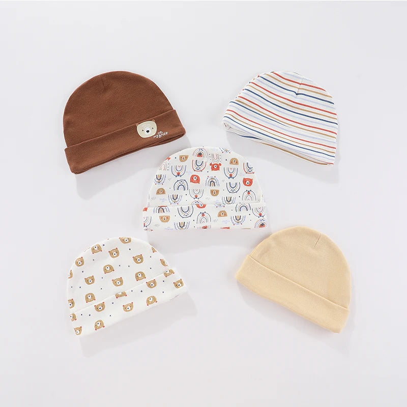 New Born Baby Boy Hats 3/5Pieces Cotton Baby Girls Hats Cartoon 0-6Months Unisex Soft Solid Color Infant Accessories