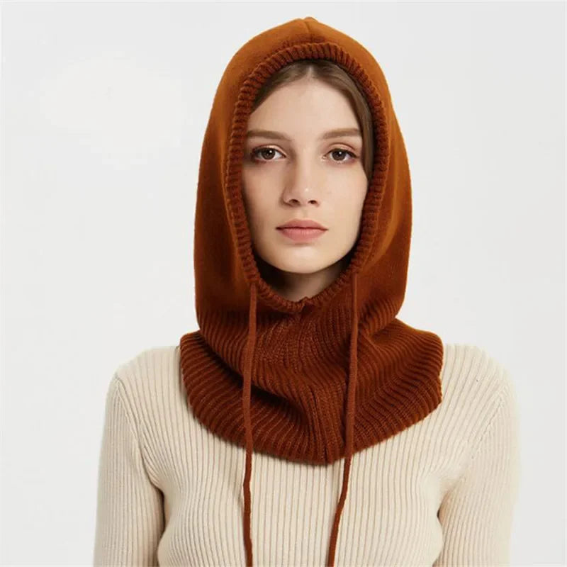 Winter Womens Hats Unisex Knitted Hooded Neck Collar Cap Beanie For Men & Women Drawstring One-Piece Hats Warmer Balaclava Cap