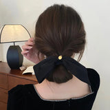 Korean Woman Large Elegant Silk Elastics Hair Band Black Satin Bow Scrunchies Hair Ties Ladies Ponytail Hold Hair Accessories